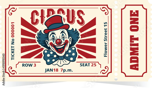 Retro circus ticket design featuring a smiling clown illustration, bold typography, and classic ornamental frame for posters, prints, branding, invitations, events, and nostalgic designs.