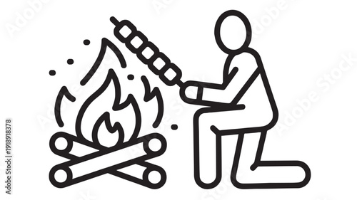 Campfire roasting icon with person kneeling and cooking sausage on stick over flames, outdoor camping picnic symbol, simple line art pictogram isolated