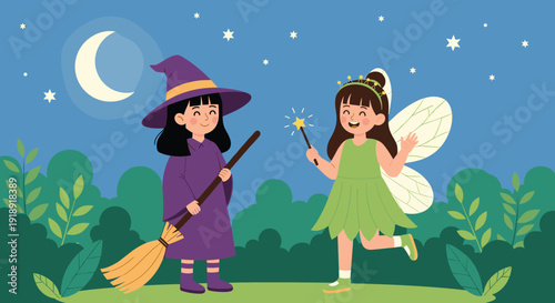 Cute little girls dressed as witch and fairy playing together in garden at night for Halloween or fantasy theme.