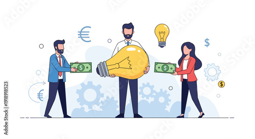 Crowdfunding and venture capital concept with business people investing money in a giant creative idea lightbulb.