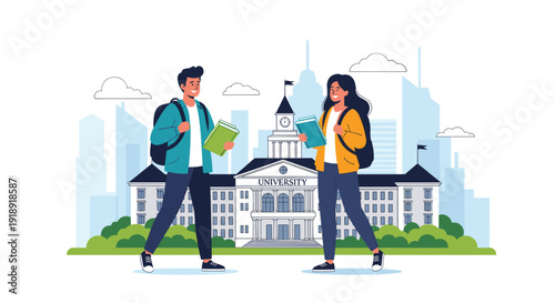 University students man and woman with books and backpacks standing before campus building for higher education.