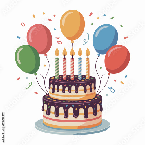 A vibrant birthday cake with colorful balloons and lit candles on a white background, viewed from the front.