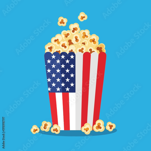 American Flag Popcorn Bucket Overflowing with Popcorn, Patriotic Celebration