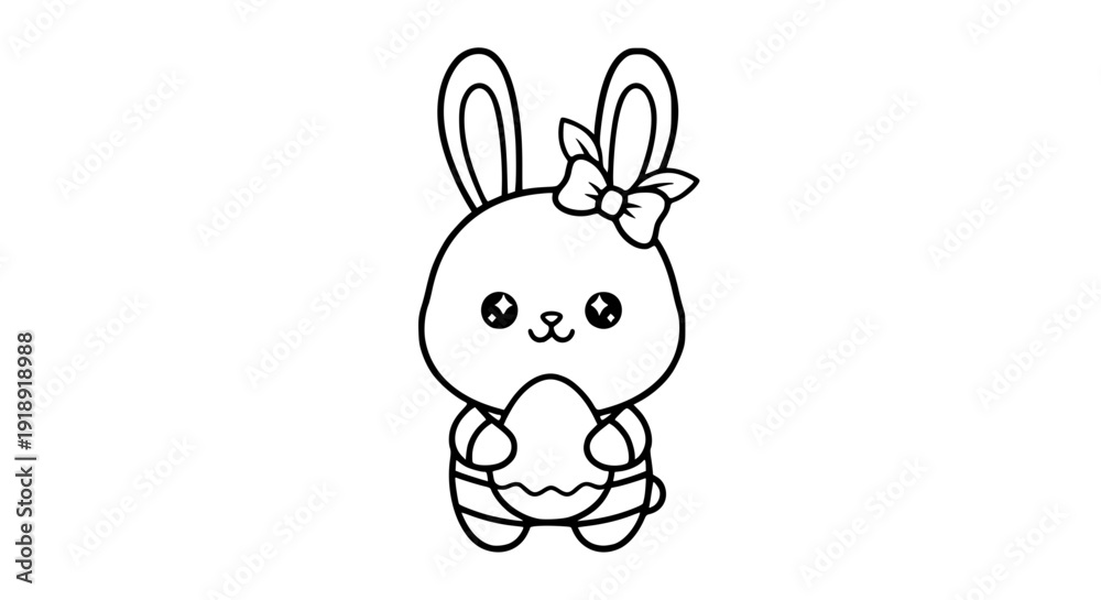 Obraz premium Cute Easter bunny mascot vector, smiling rabbit holding decorated egg, soft pastel palette, rounded shapes, kawaii style, flat cartoon illustration