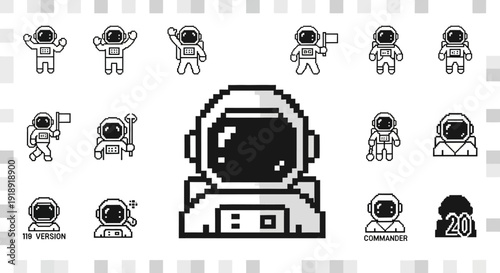 Pixel Art Astronaut Icons Set.
