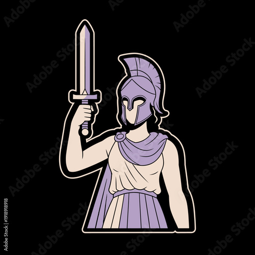 Ancient Greek Goddess Athena Warrior with Sword and Helmet, Mythological Figure