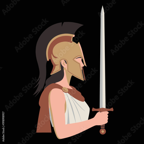 Ancient Greek Warrior Woman Holding Sword, Profile View, Warrior Goddess