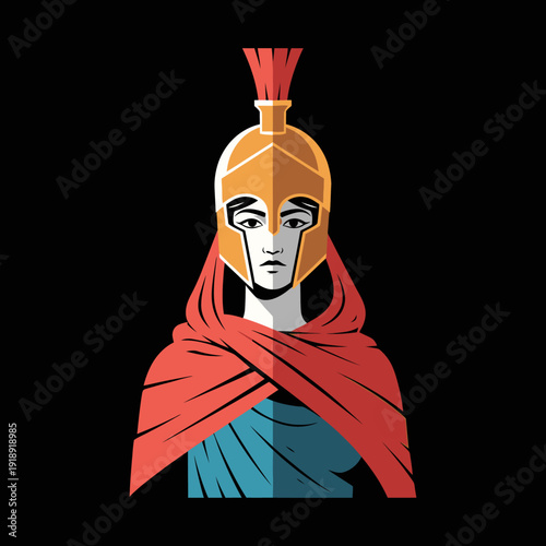Ancient Greek Warrior Woman Spartan Soldier Helmet Red Cape Blue Tunic Black Background