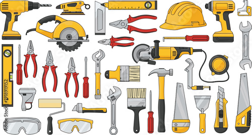 Construction hand tools collection with drill helmet pliers hammer saw level and safety glasses vector set