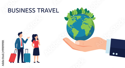 Professional business travelers stand with their luggage next to a giant hand holding the globe symbolizing global corporate travel opportunities.