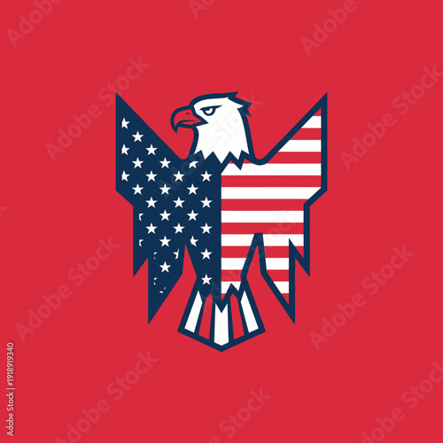 American Eagle Emblem with US Flag Wings on Red Background