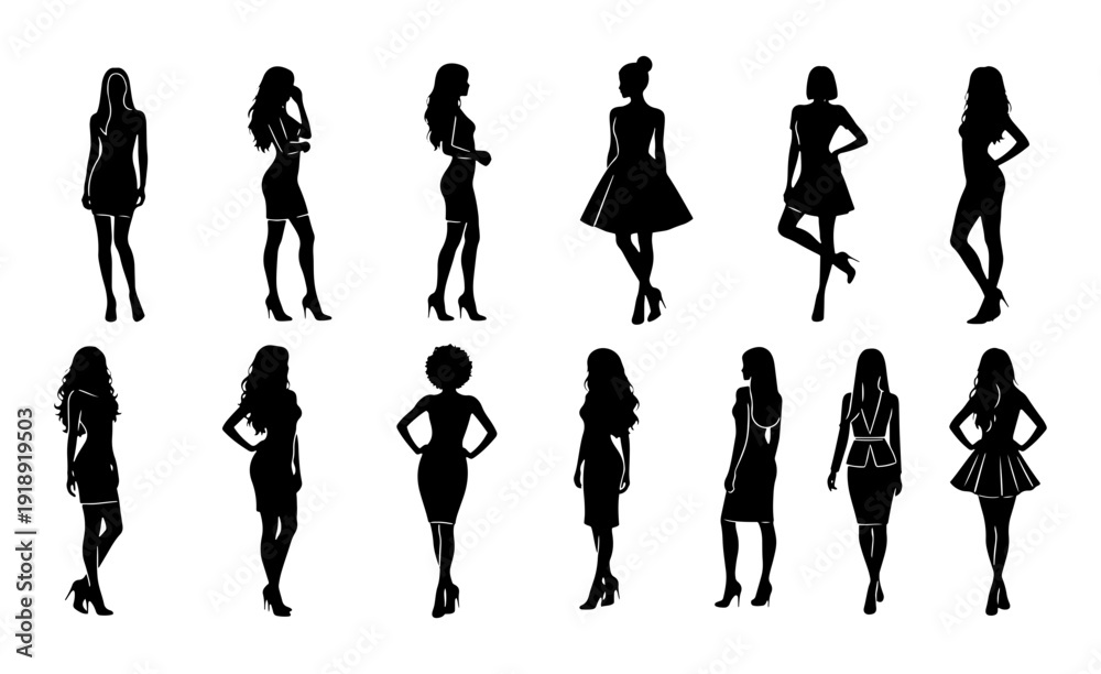 Obraz premium Collection Of Fashionable Woman Silhouettes Standing In Various Poses Wearing Elegant Dresses And High Heels