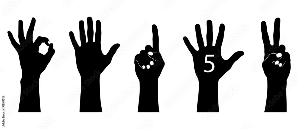 Fototapeta premium Silhouette Of Five Human Hand Gestures Including OK Sign Peace Sign And Pointing Finger Isolated On Transparent Background