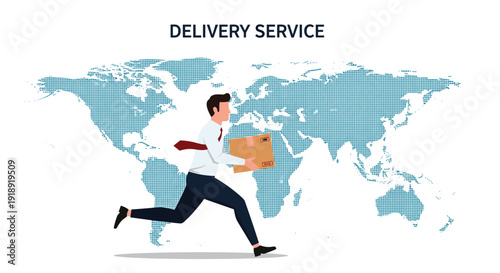 Fast delivery service employee runs across a global map while holding a cardboard package to ensure timely international shipping solutions.