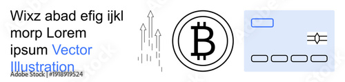 Digital finance, cryptocurrency, blockchain, investment growth, fintech innovation, payment systems. Bitcoin symbol with growth arrow and simplistic blockchain design. Cryptocurrency and blockchain