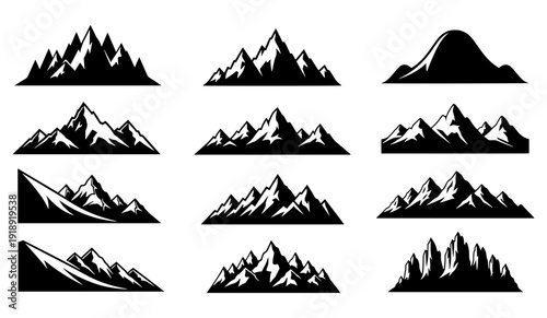 Set Of Mountain Range Silhouettes Vector Icons For Logo Design Outdoor Adventure And Nature Graphics