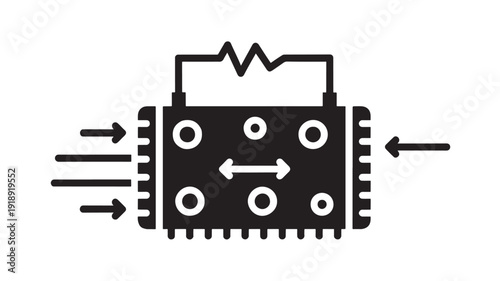 Microchip icon showing data flow arrows and processing logic in bold black silhouette, computer CPU symbol for AI computing, electronics, technology interface design