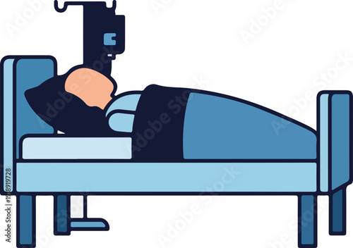 Patient lying in hospital bed with iv drip receiving medical treatment feeling unwell isolated on white background