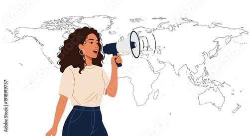 Empowered woman with curly hair makes a global announcement into a megaphone while standing in front of a minimalist world map outline.
