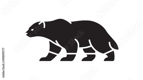 Bear silhouette icon walking in side view with minimal cutout line details, black animal logo symbol isolated on white background for branding, wildlife and nature design