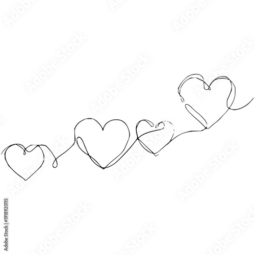 Minimalist continuous line art illustration showcasing a sequence of four interconnected hearts, representing enduring love, deep affection, and the unbreakable bonds of relationships