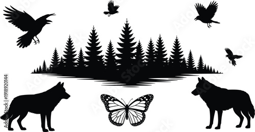 Wildlife silhouette set with forest trees wolves flying crows and monarch butterfly isolated on white background for outdoor adventure design