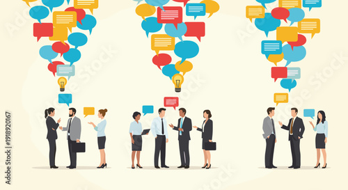 Diverse groups of professional business people engage in active communication while their collective thoughts and ideas form complex speech bubbles.