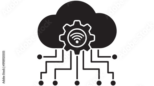 Cloud computing icon with gear and circuit board connections representing integration and processing featuring technology, network, system with infrastructure and data elements for storage, digital