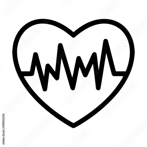 A minimalistic black line icon depicting a heart with a rhythmic pulse, representing health, medical care, and cardiovascular vitality for digital applications