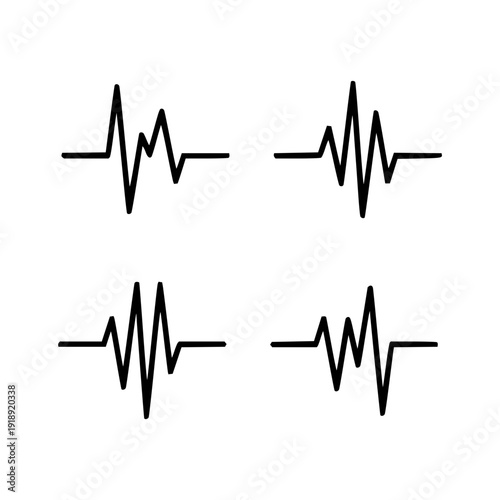 Set of four electrocardiogram or sound wave signals in black on a white background, abstract representations of health, rhythm, and sound frequency