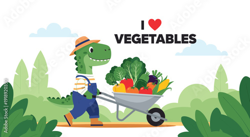 Friendly green dinosaur gardener wearing a hat and overalls pushes a heavy wheelbarrow overflowing with fresh and healthy harvest vegetables.