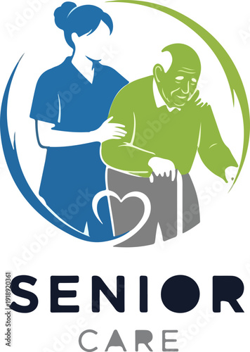 Caregiver assisting senior with walking aid supportive healthcare concept with heart symbol