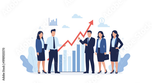 Professional business team stands confidently in front of a rising growth chart to celebrate their successful financial performance and goals.