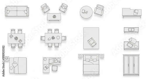 Collection of interior design floor plan layouts and furniture arrangements.