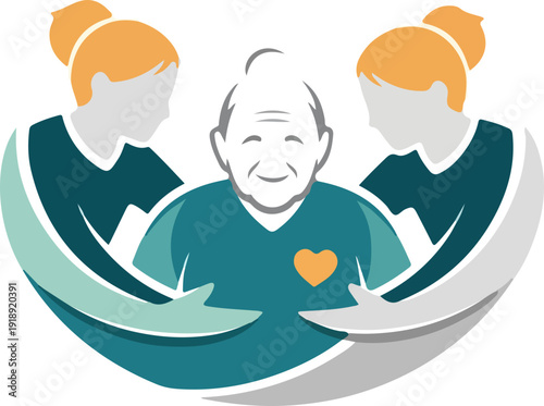 Elderly man surrounded by caregivers symbolizing support and healthcare