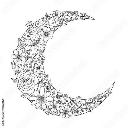 Delicate crescent moon adorned with intricate floral patterns and blossoms