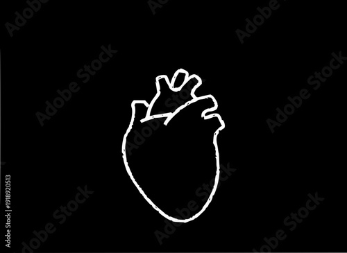 Abstract white outline illustration of a human heart against a solid black background, depicting concepts of love, life, inner strength, and passion