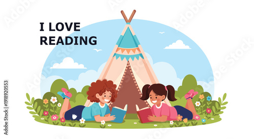 Two young girls enjoy a wonderful reading adventure while lying on the grass in front of a cozy garden teepee tent surrounded by flowers.