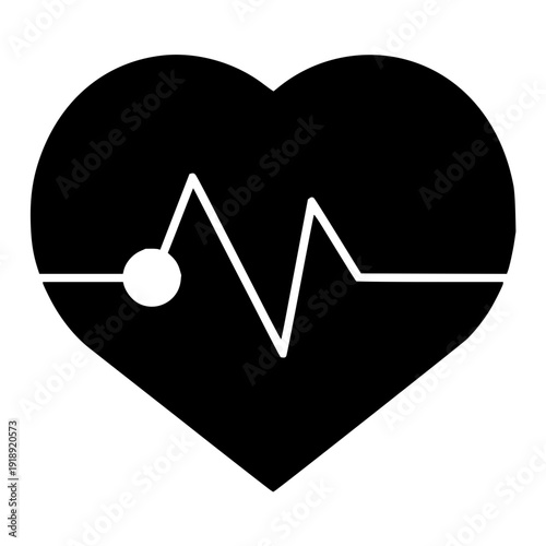 Clean graphic illustration featuring a stylized black heart shape with a white electrocardiogram pulse line, representing health, medical care, vitality, and wellness in a minimalist icon design