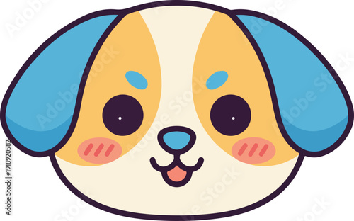 Cute cartoon dog face with blue ears and rosy cheeks on white background smiling sweetly