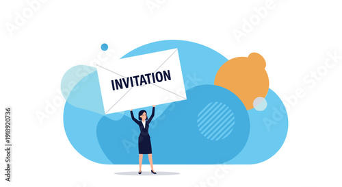 Professional businesswoman holds up a giant white envelope with an invitation message to announce a special corporate event or meeting.