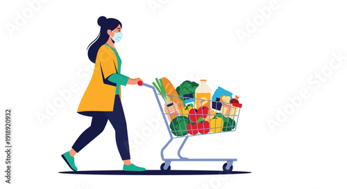 Responsible female shopper wearing protective face mask while pushing a full grocery cart of fresh vegetables and essential food.