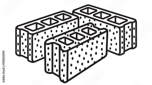 Concrete blocks isometric icon with hollow brick shapes, perforated texture and bold outline, construction material symbol for building, masonry and architecture design
