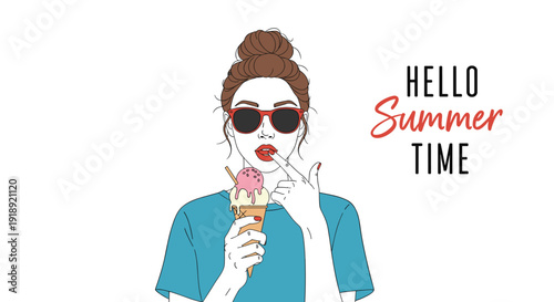 Stylish young woman with sunglasses and a high bun enjoying a pink ice cream cone with Hello Summer Time greeting text.