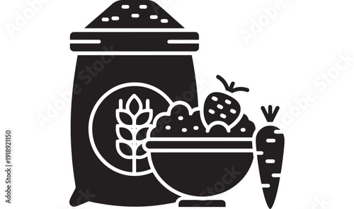 Flour sack and cereal bowl icon with wheat emblem, strawberries and carrot, monochrome glyph silhouette for baking ingredients, agriculture, pantry staples concept