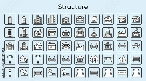 Comprehensive icon set of buildings and structures for architecture, construction, and urban design, featuring factories, bridges, towers, houses, and city infrastructure