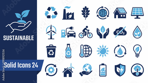 Collection of sustainable icons featuring recycling, solar and wind energy, water conservation, bicycles, trees and eco-friendly symbols for eco branding.