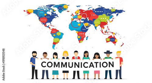 Diverse multiracial group of professionals holding a communication banner beneath a colorful world map filled with speech bubbles.