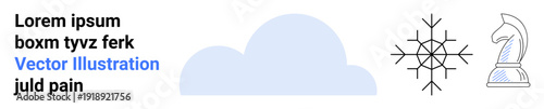 Weather, strategy, symbolism, creativity, design, abstract art. A cloud, snowflake chess knight and text elements on a white background. Weather and strategy