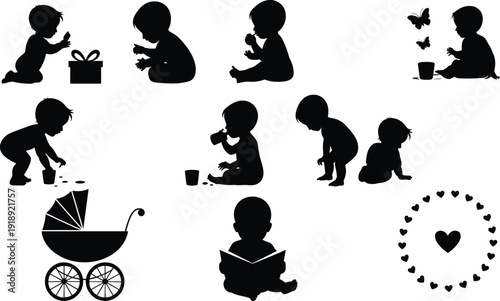 Baby silhouette set with infant activities including playing crawling reading and stroller icons isolated on white background for nursery design